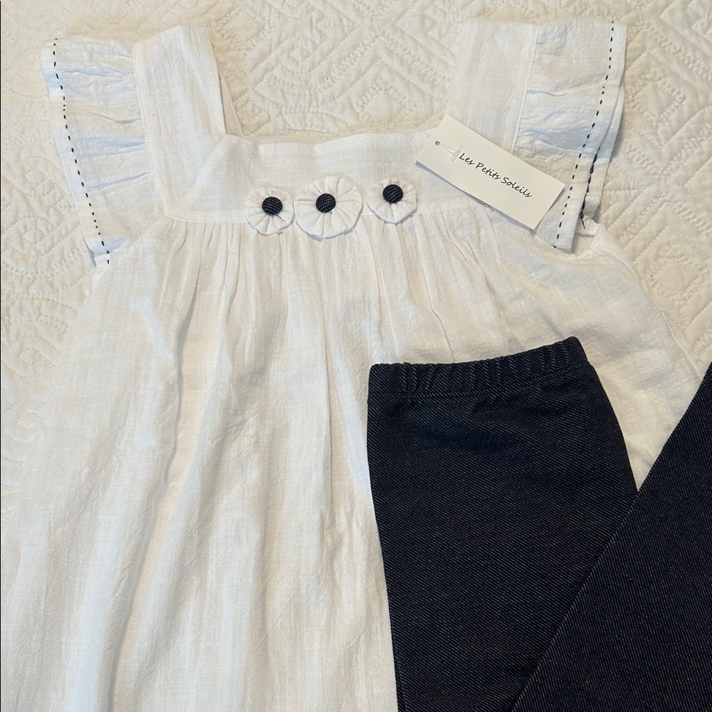 White Ruffled Baby Dress with Blue Leggings